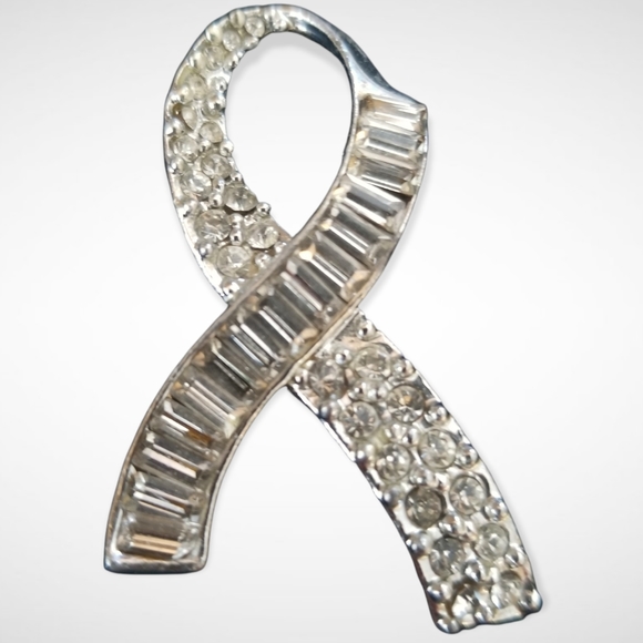 Survivor Ribbon Rhinestone Silver Tone Metal Brooch Pin - Picture 6 of 8
